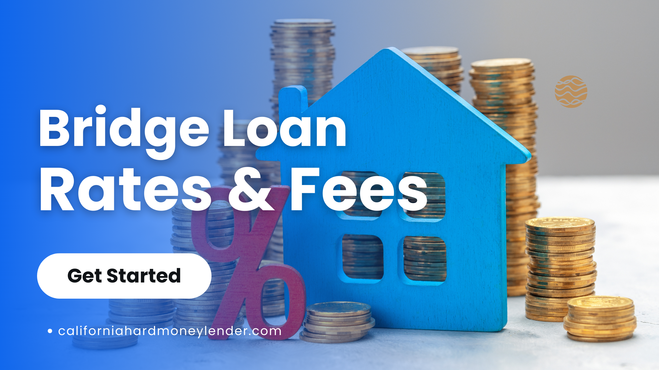 A blue house model, a red percent sign, and stacks of coins depict financial concepts. Text reads "Bridge Loan Rates & Fees. Get Started. californiahardmoneylender.com.